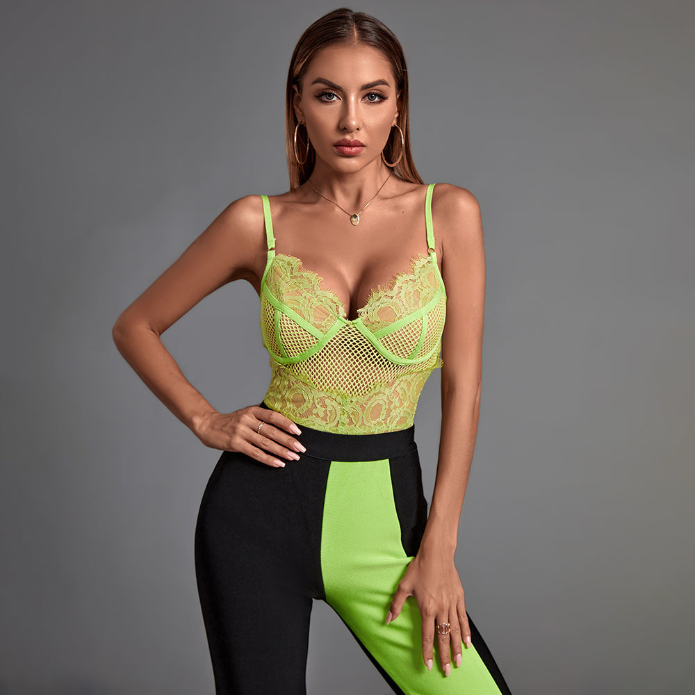 Conjunto de vendaje verde y negro (body y pantalón)