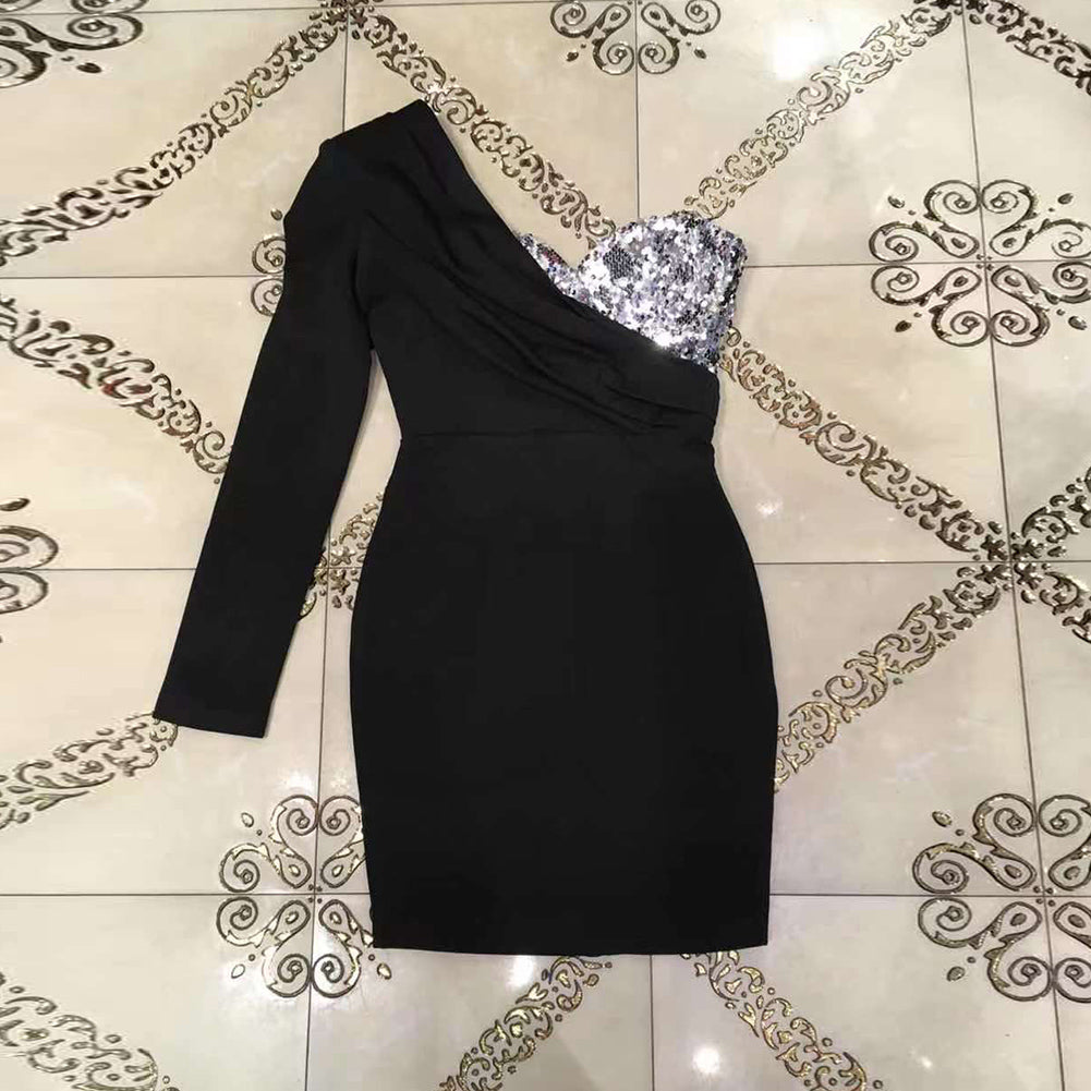 One Shoulder Long Sleeve Asymmetrical Mini Bodycon Dress HT2610