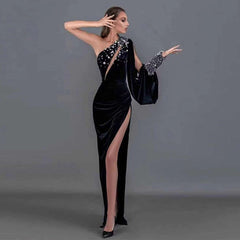 One Shoulder Long Sleeve Asymmetrical Maxi Bodycon Dress HT2616