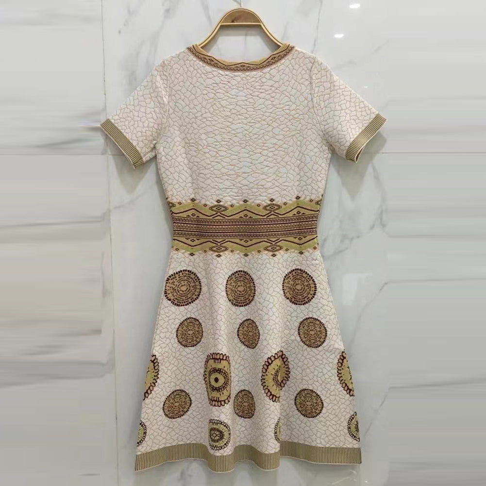 Round Neck Short Sleeve Patterned Mini Bodycon Dress HT2651