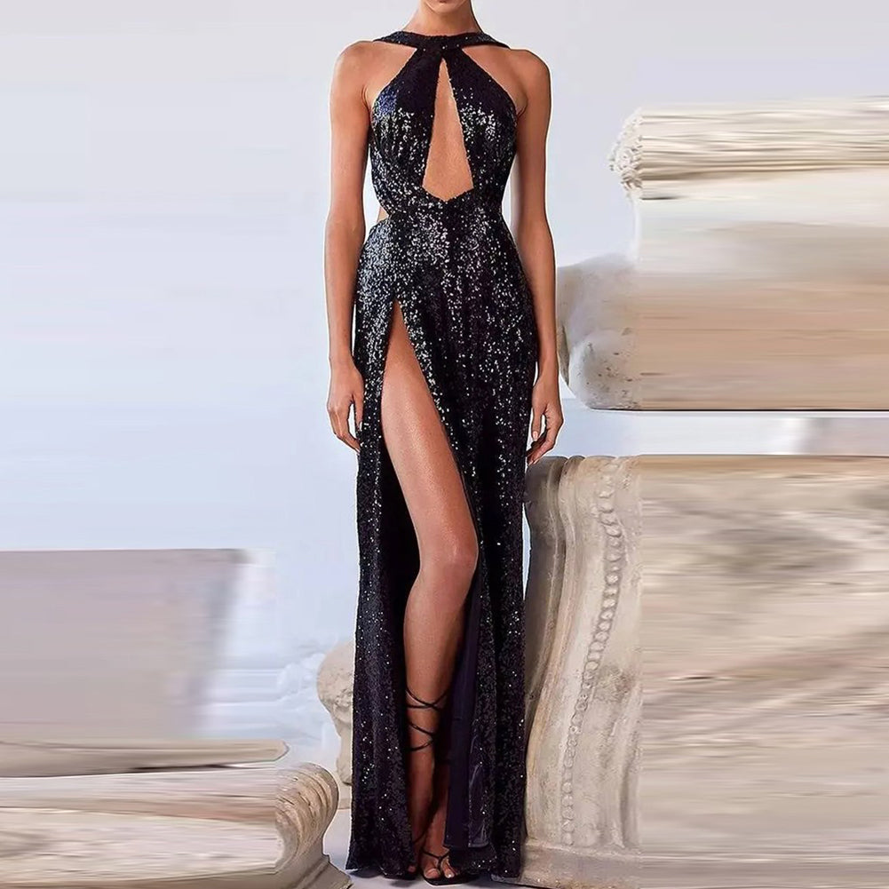 Ärmelloses Maxi-Bodycon-Kleid mit Rundhalsausschnitt und ausgehöhlter Vorderseite HT2694