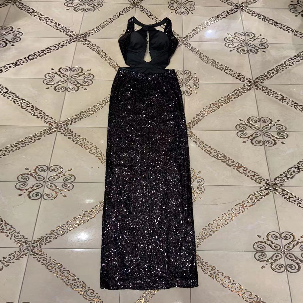 Ärmelloses Maxi-Bodycon-Kleid mit Rundhalsausschnitt und ausgehöhlter Vorderseite HT2694