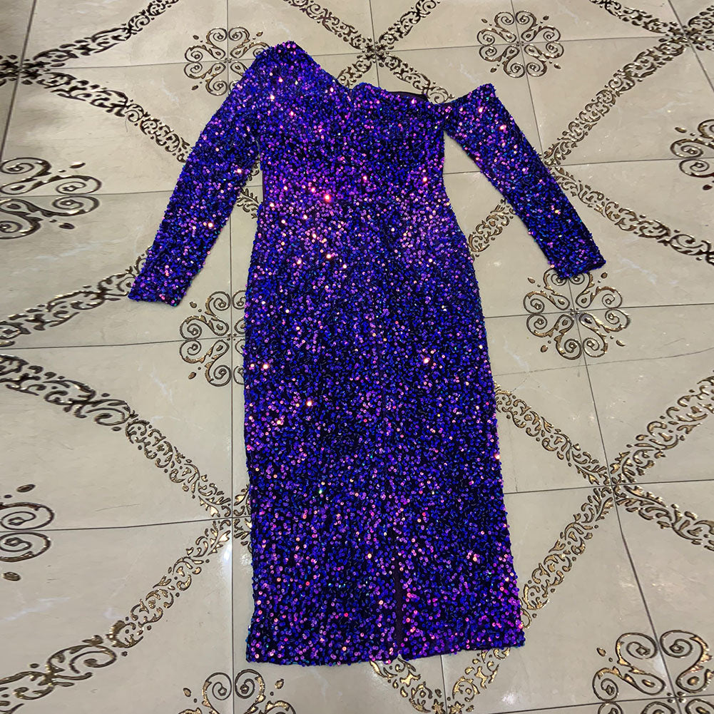 One Shoulder Long Sleeve Sequined Midi Bodycon Dress HT2697