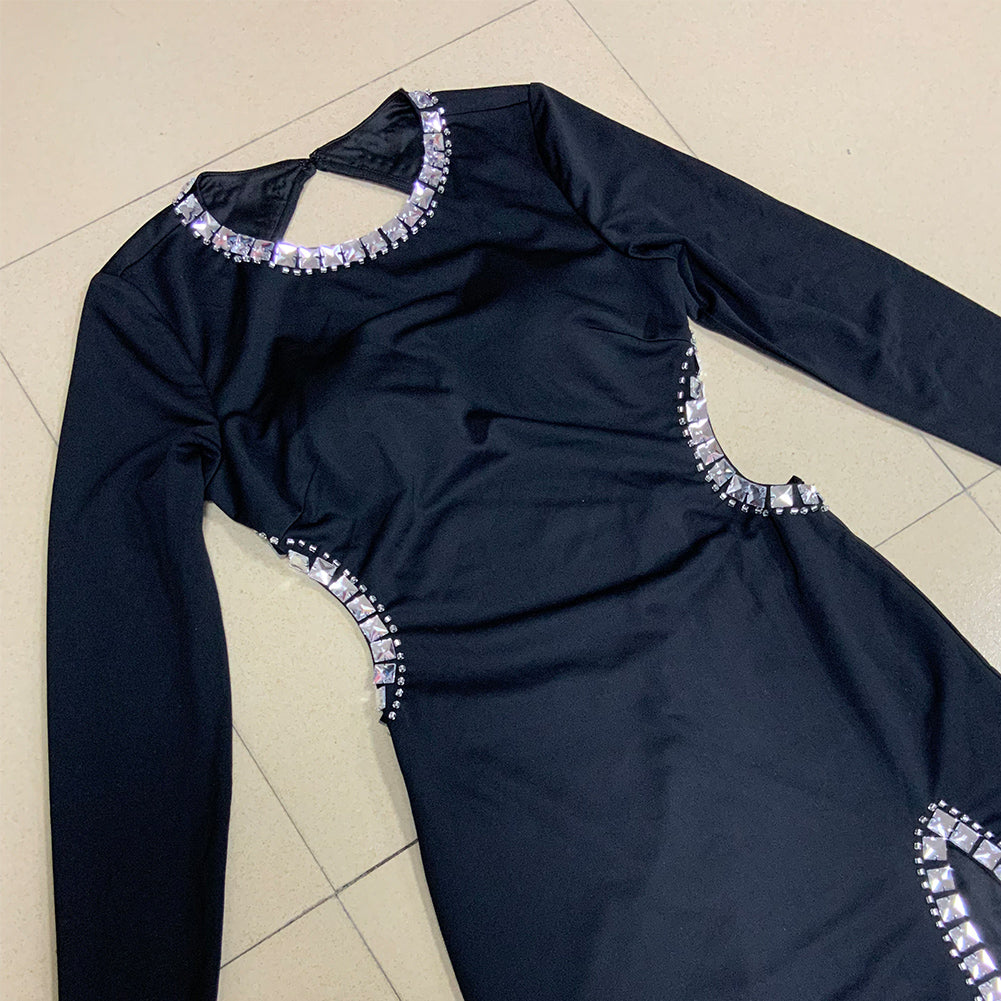 Round Neck Long Sleeve Rhinestone Maxi Bodycon Dress HT2721