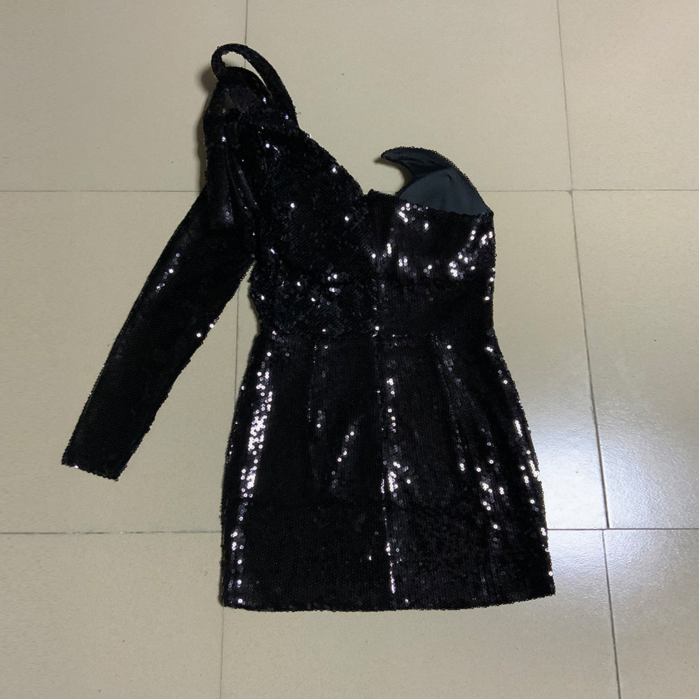 One Shoulder Long Sleeve Mini Sequined Bodycon Dress HT2738