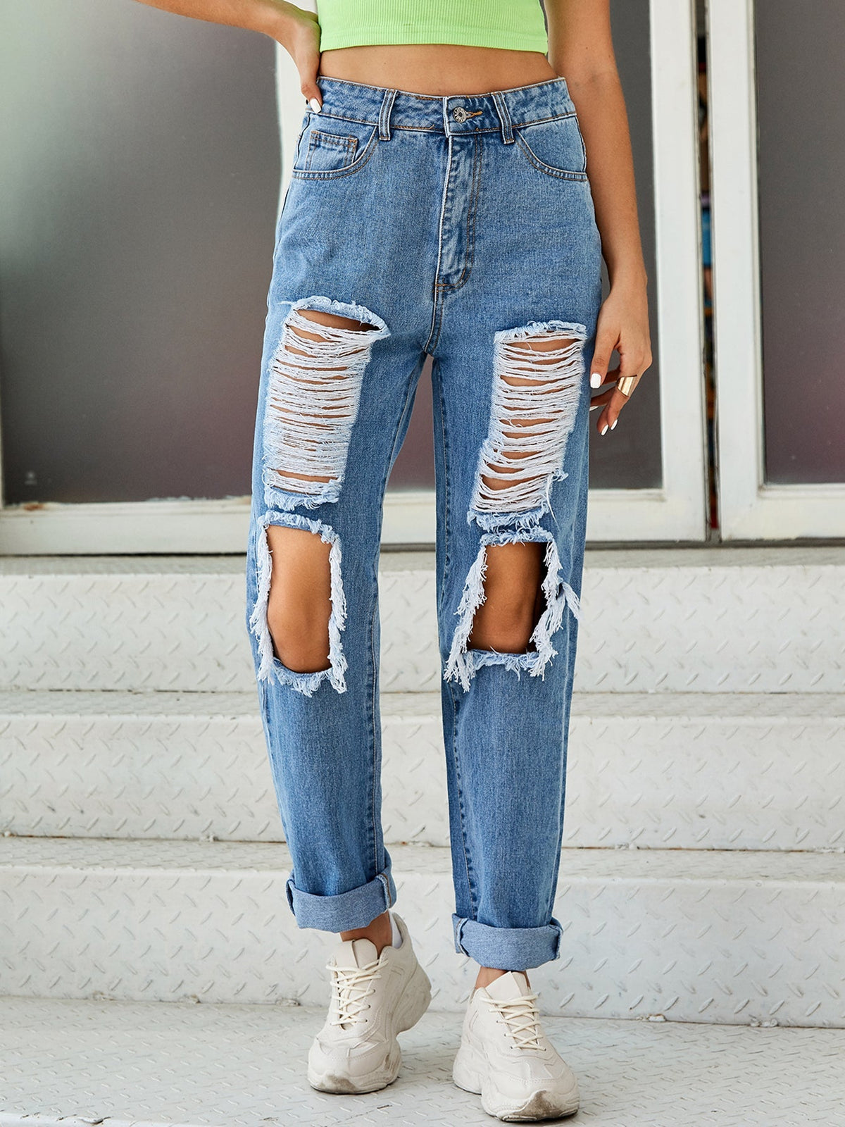 Ripped Straight-leg Denim Trousers