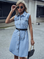 Cool Lapel Sleeveless Waist Denim Dress