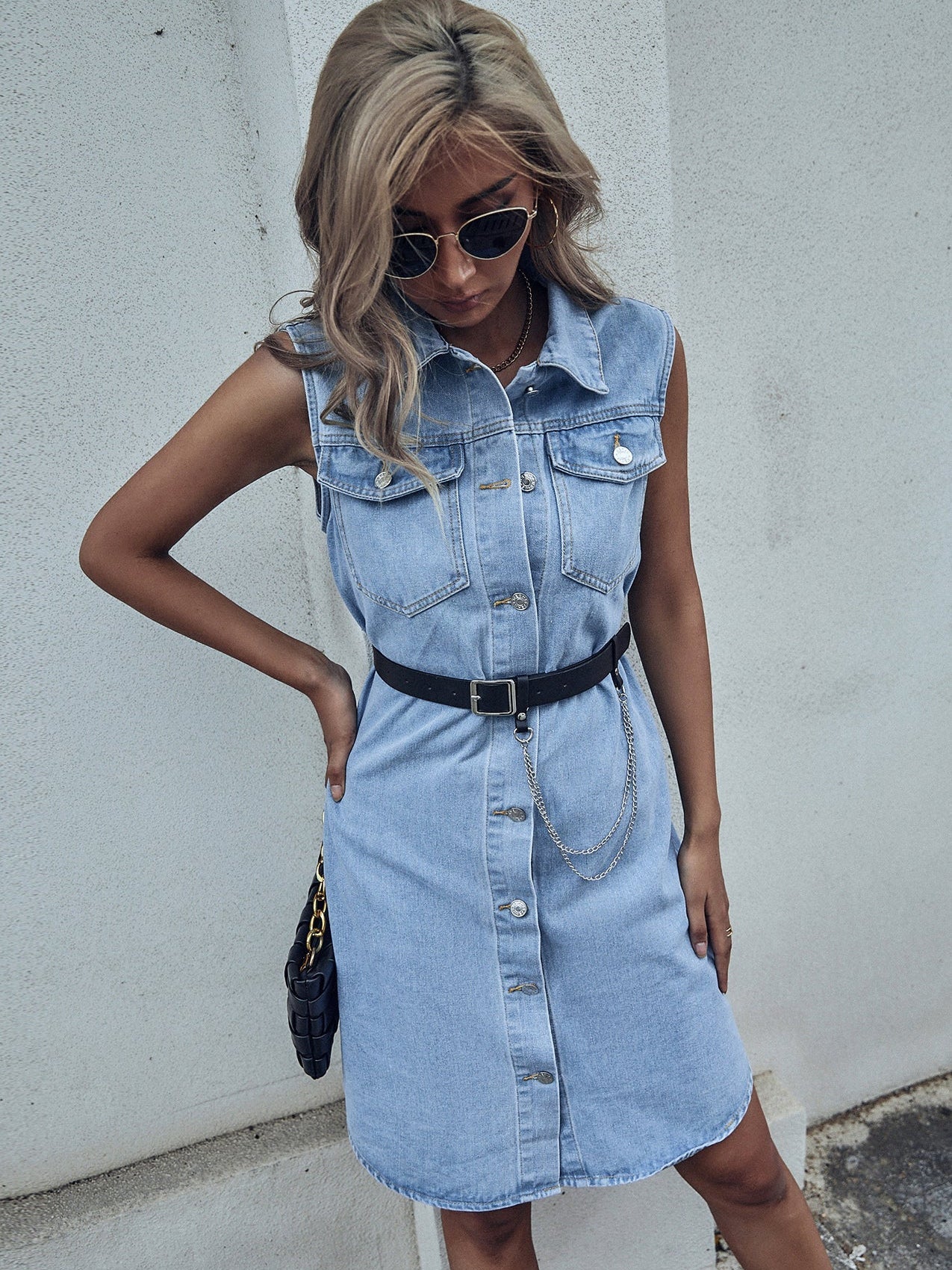 Cool Lapel Sleeveless Waist Denim Dress