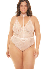 Plus Size Deep V-Plunge Teddy With Attached Lace Choker