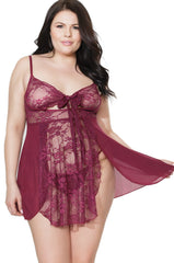 Babydoll de encaje transparente con lazos | Talla grande