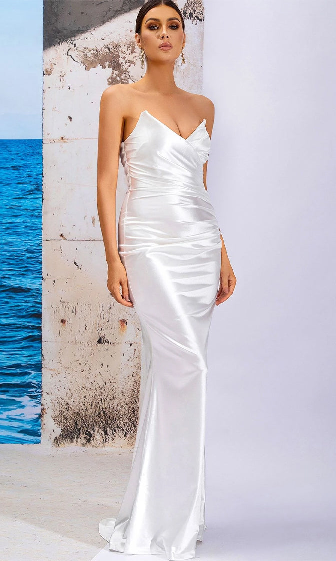 White Satin Strapless Slim Maxi Dress