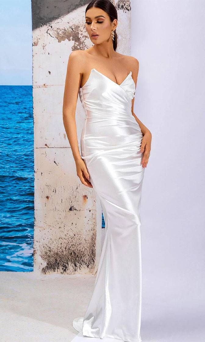 White Satin Strapless Slim Maxi Dress