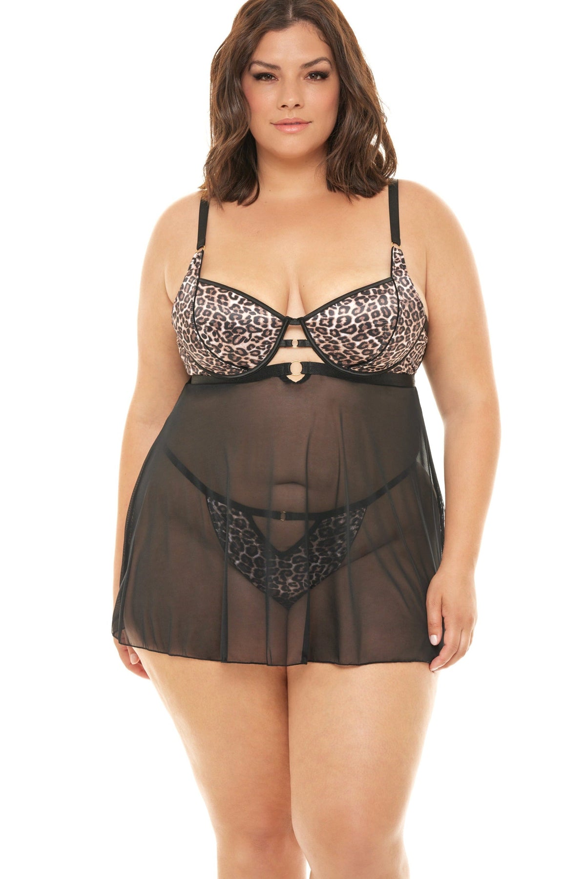 Plus Size Built-In Underwire Bra & Leopard Sheer Mesh Teddy Set