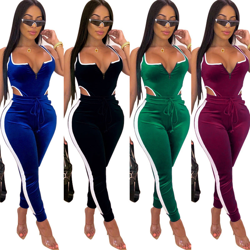 Velvet Sexy V Neck Women Matching Set Sexy Street Jumpsuit