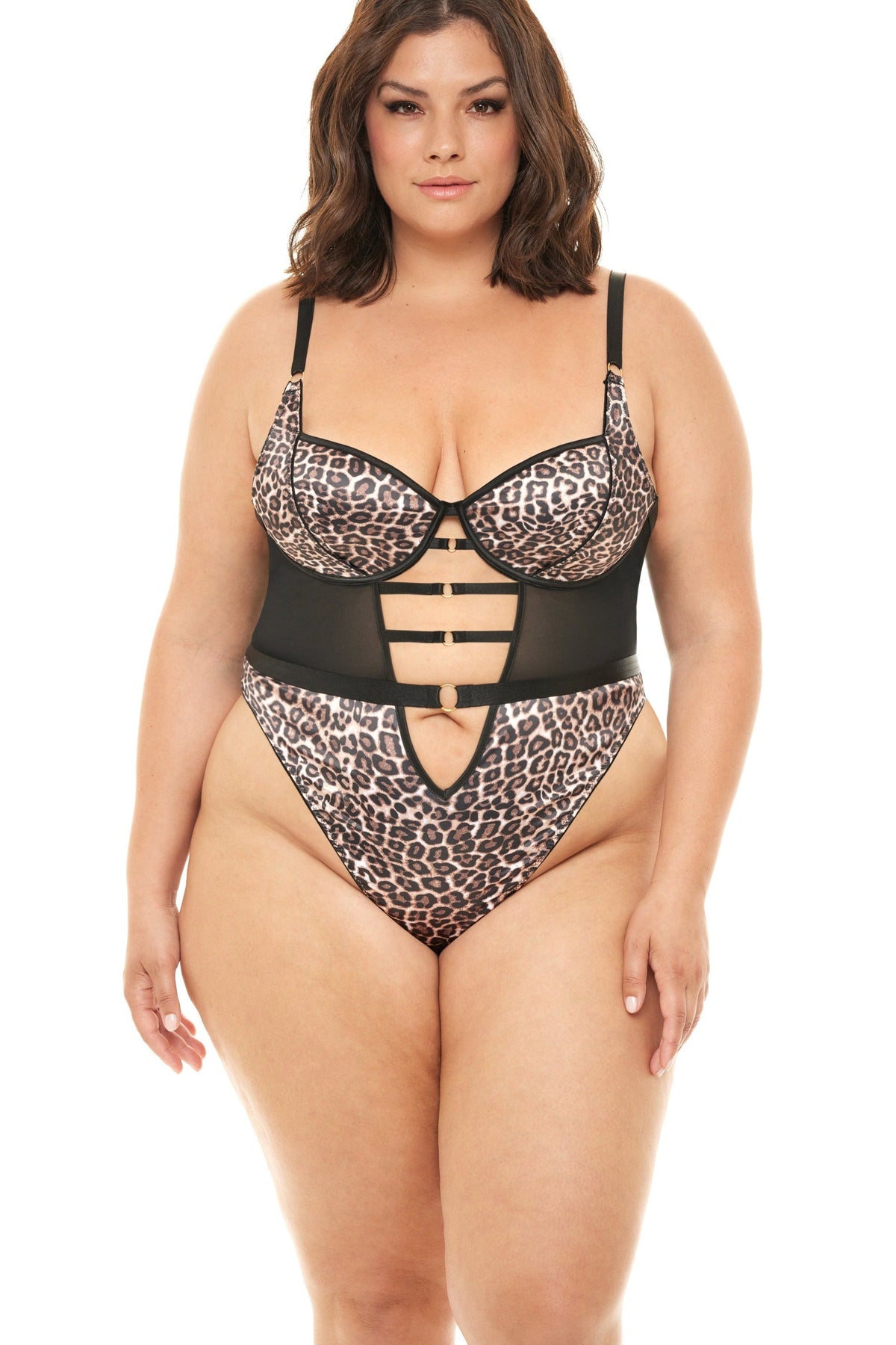 Plus Size Leopard Satin With Mesh Paneling Teddy