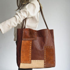 Retro  rivets contrast stitching one-shoulder tote handbags
