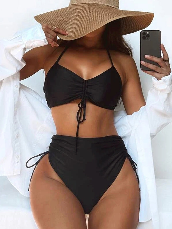 Sexy Solid Color Pleated Bikini Swimwear