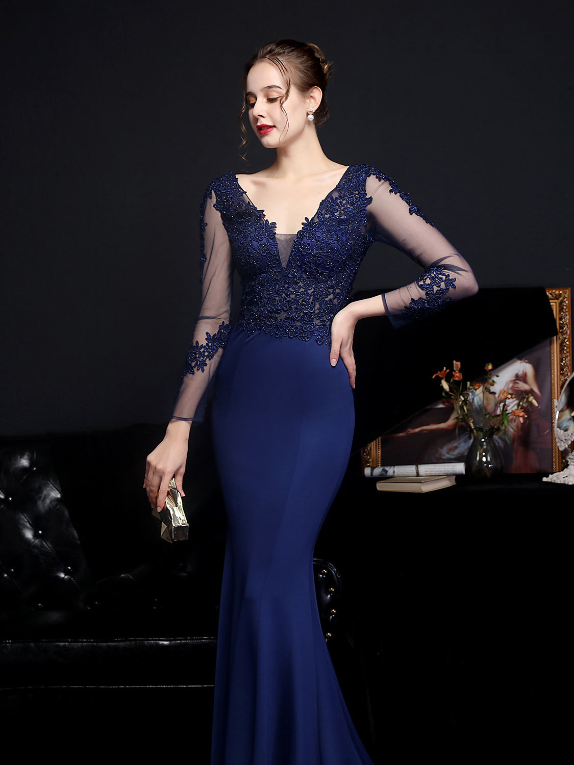 Lace long sleeved evening dress