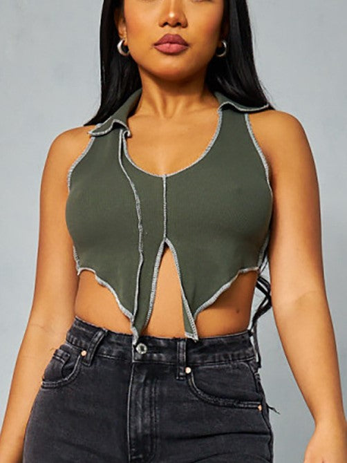 Top informal sin mangas con cuello halter y solapa de color liso 