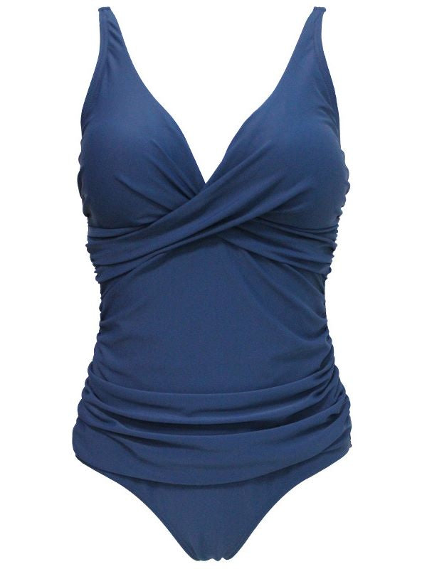 Sexy Solid Color Pleated One-piece Swimsuit