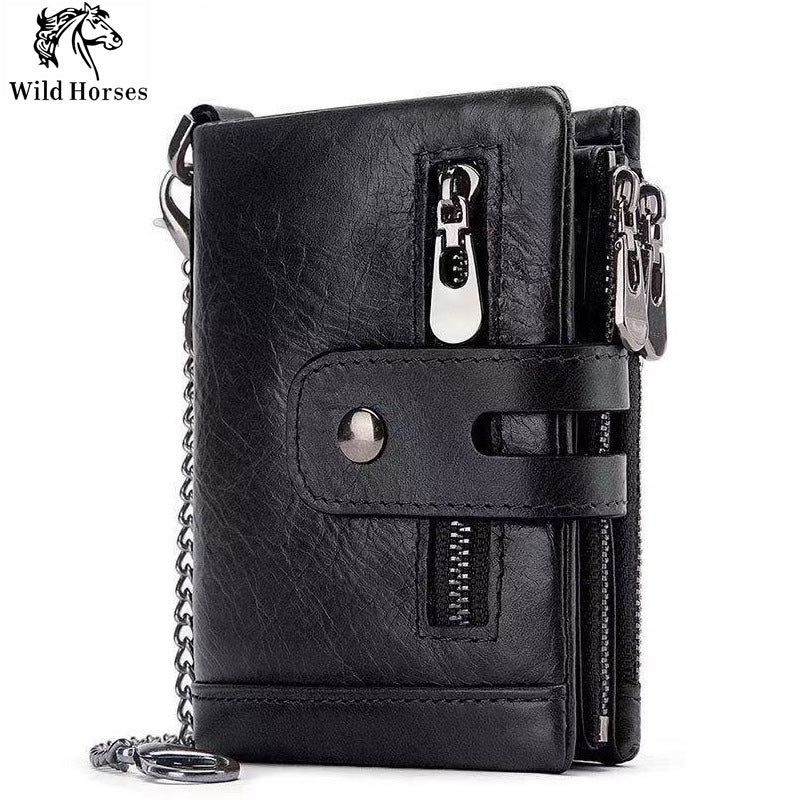 Cartera de cuero para hombre con doble cremallera y multifunción de piel de vaca encerada con RFID antirrobo 