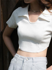 Solid Color Lapel Nipped Waist Short Sleeve T-Shirt