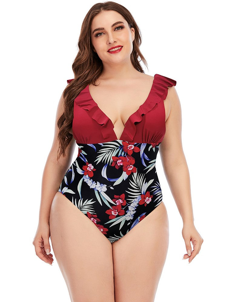 Plus Bodysuit Printed Colorblock Ruffle Swimsuit