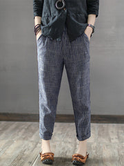 Vintage Striped Pockets Cotton Harem Pants