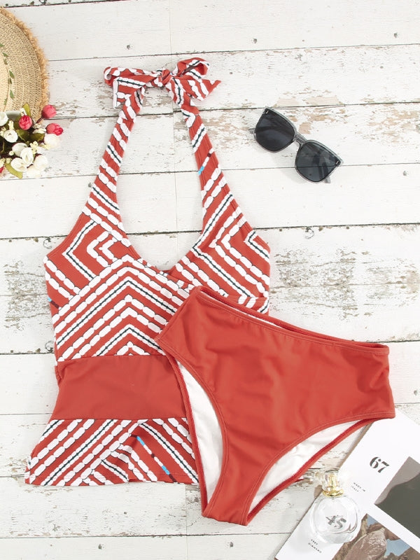 Collared Neck Print Swimsuit