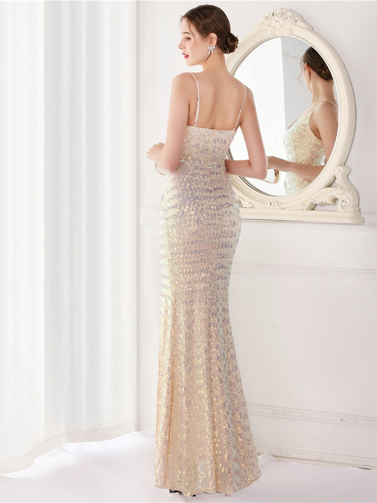 Sequined fishtail evening dress