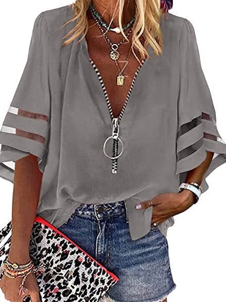 V-Neck Zip Shirt Half-Flare Sleeve Mesh Panel Loose Casual Shirt