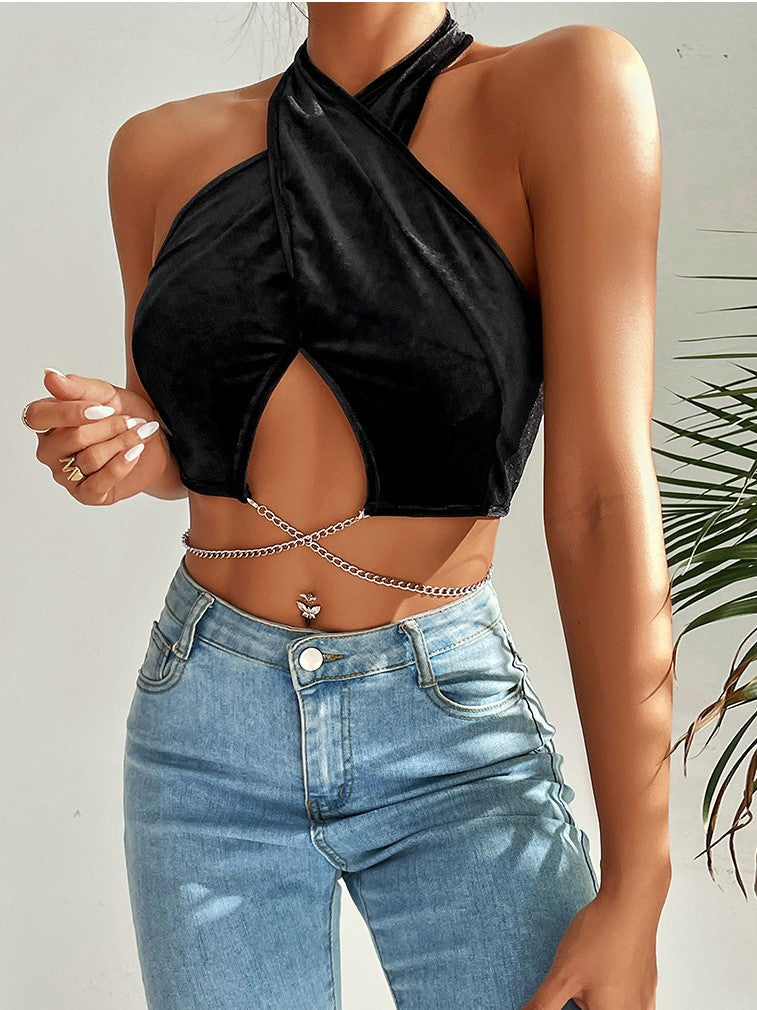 Solid Black Knit Chain Velvet Halter Tank Top