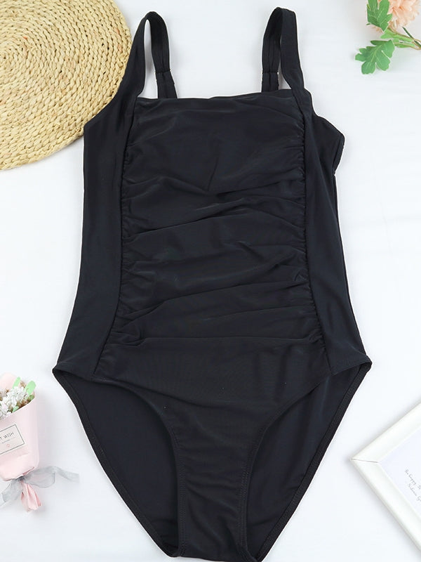 Sexy Solid Color Pleated One-piece Swimwear