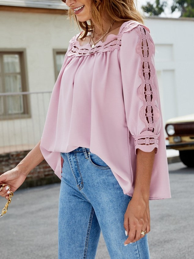 Lace Panel Square Neck Loose Casual Half Sleeve T-Shirt