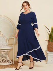 Lace Stitched Round Neck Mid Sleeve Dress Solid Color Loose