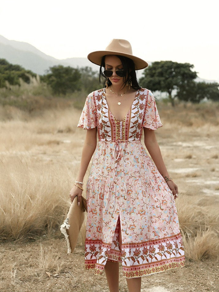 Vestido largo rosa para viajar a casa. 