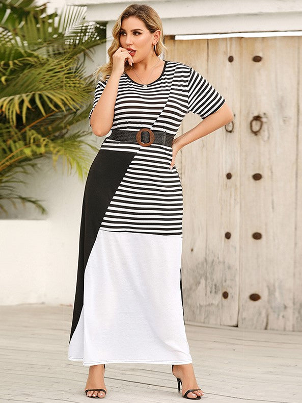 Round Neck Contrast Long Dress Striped Loose Short Sleeve Dress