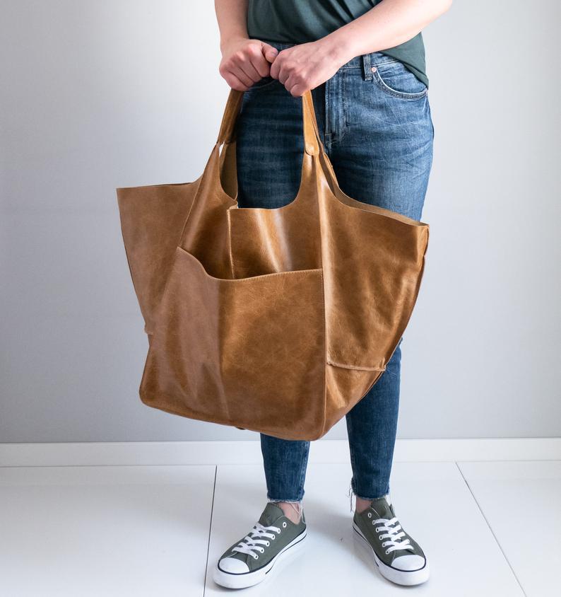 Retro  simple soft leather large capacity portable tote