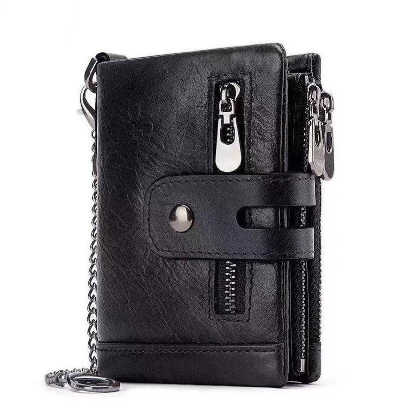 RFID anti-theft brush wallet wax cowhide multi-function double zipper men's leather wallet