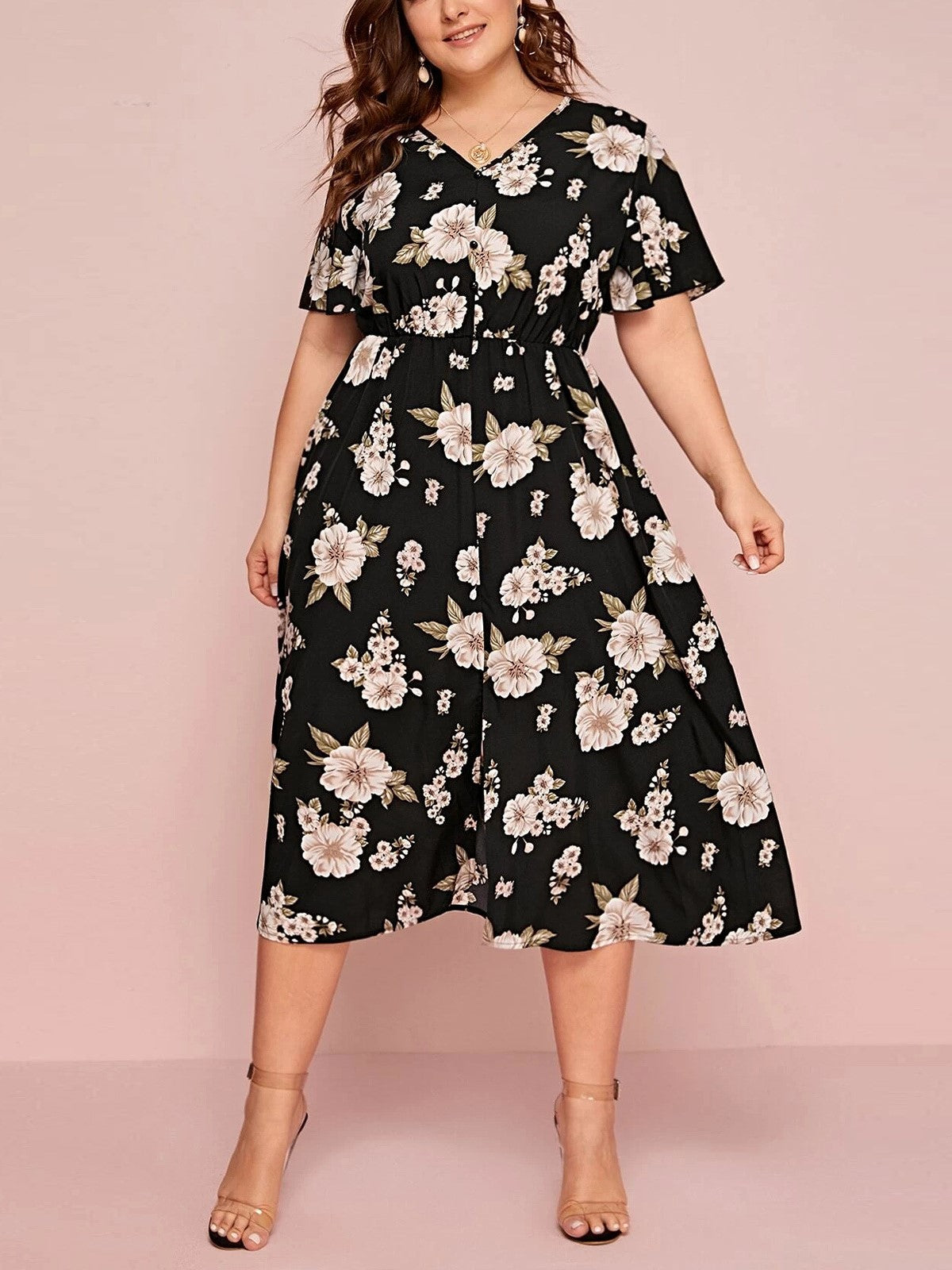 Printed V-Neck Dress Waist Loose Mid-Length Chiffon Skirt