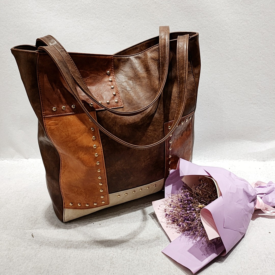 Retro  rivets contrast stitching one-shoulder tote handbags
