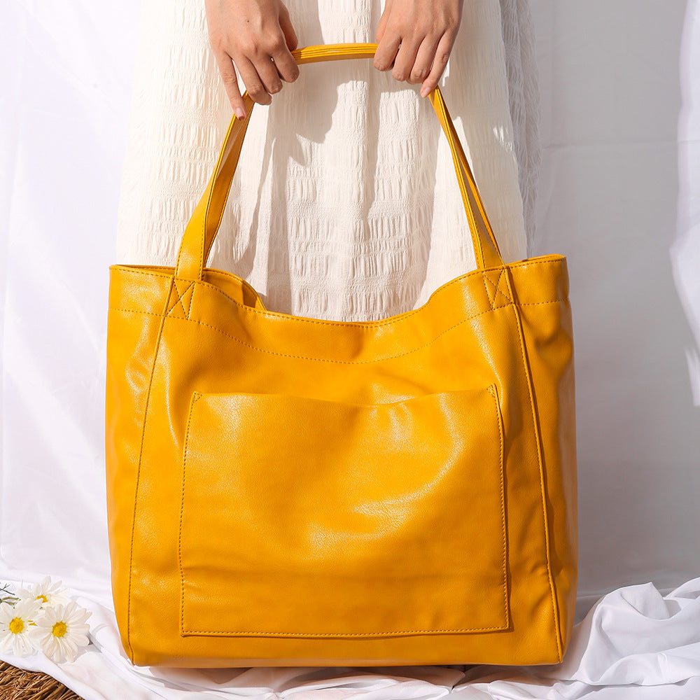 Women's large bag with pocket  retro oil wax leather tote bag