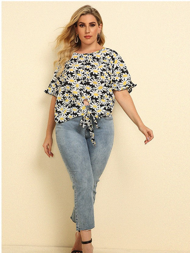 Round Neck Loose Tie T-Shirt Daisy Print Top