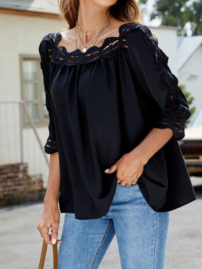 Lace Panel Square Neck Loose Casual Half Sleeve T-Shirt