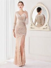 Elegant long sleeved fishtail evening dress