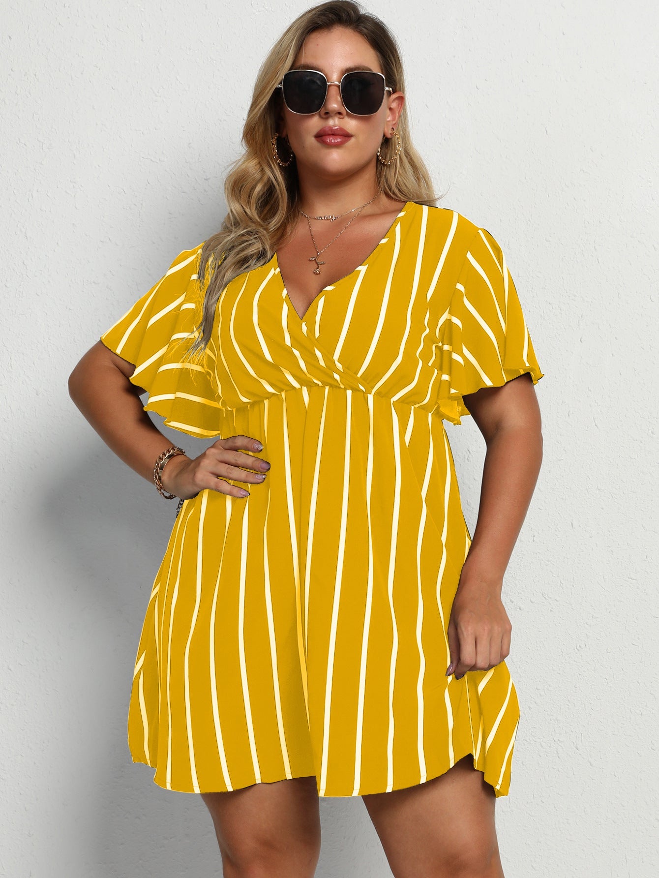 Loose V-Neck Panel Striped Dress