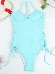 Sexy Solid Color Cut-out Lanyard One-piece Swimwear