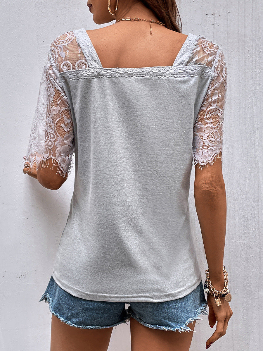 Temperament Commuter Lace Short Sleeve Loose Pullover Solid Color T-Shirt