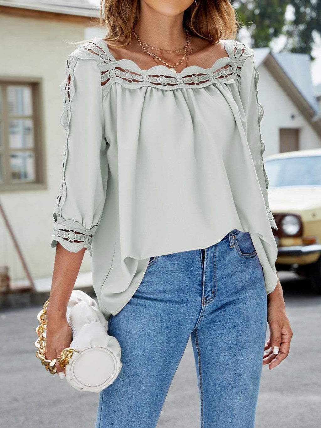 Lace Panel Square Neck Loose Casual Half Sleeve T-Shirt