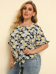 Round Neck Loose Tie T-Shirt Daisy Print Top